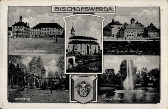 Postcard Bischofswerda in Saxony, market square, town hall, Butterberg, church, German high school, park