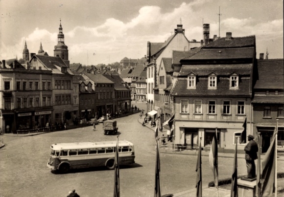 Postcard Lutherstadt Eisleben, city view, bus, architecture, clear skies