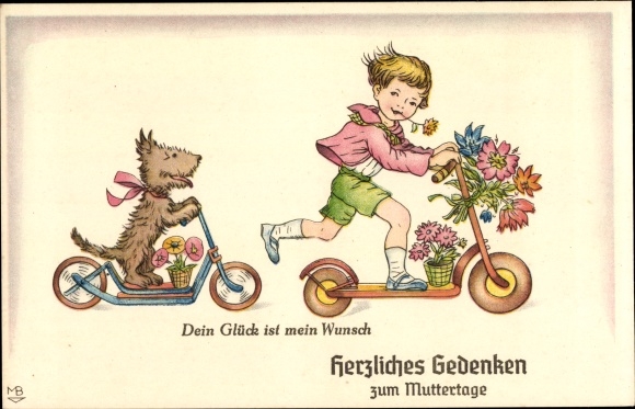 Artist Postcard Congratulations Mother&#39;s Day, child and dog drive scooters, well-wishers, flowers