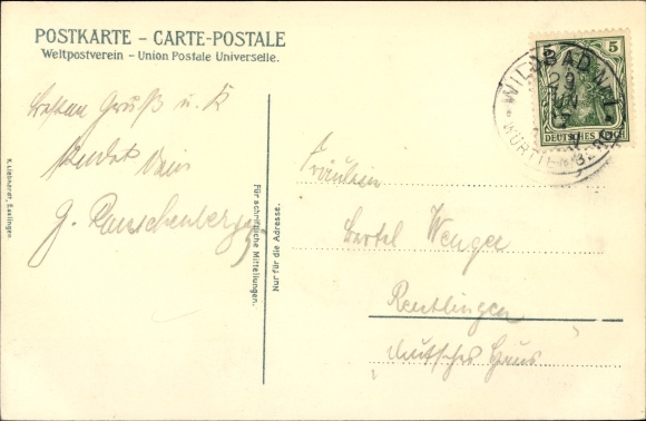 Postcard Bad Wildbad in the Black Forest, train station, spa square, villa colony, street views