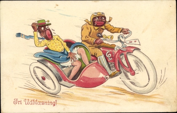 Artysta KP Motocykl z przyczepką boczną, ciemnoskóra para, wiatr unoszący skały