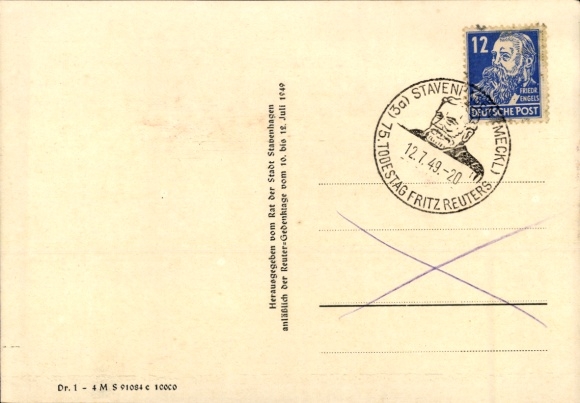 Maximum Postcard On the 75th anniversary of the death of the poet Fritz Reuter, portrait