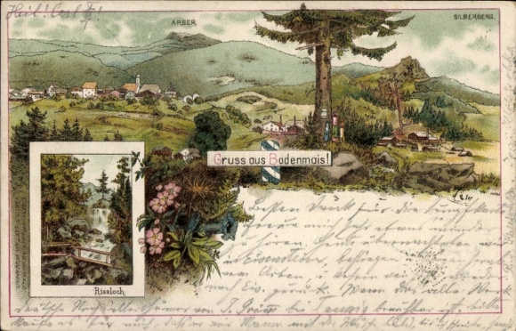 Künstler Litho Bodenmais in Niederbayern, Gesamtansicht, Rissloch