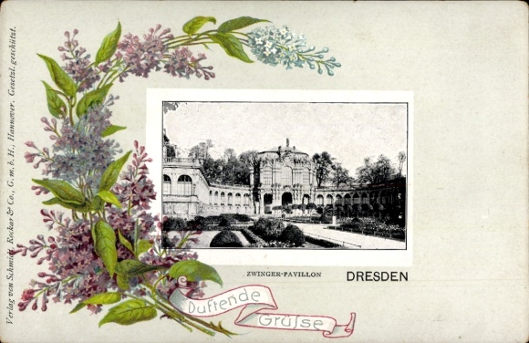 Embossed Passepartout Postcard Dresden Old Town, Zwinger Pavilion, Lilac