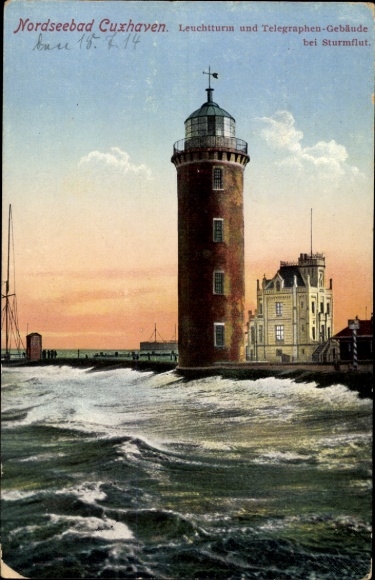 Postcard North Sea resort Cuxhaven, lighthouse and telegraph building, storm surge, North Sea resort