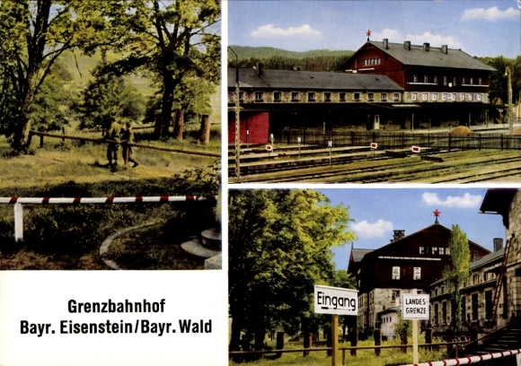 Ak Bayerisch Eisenstein in Niederbayern, Grenzbahnhof, Schrankenbäume, Landesgrenze Tschechien