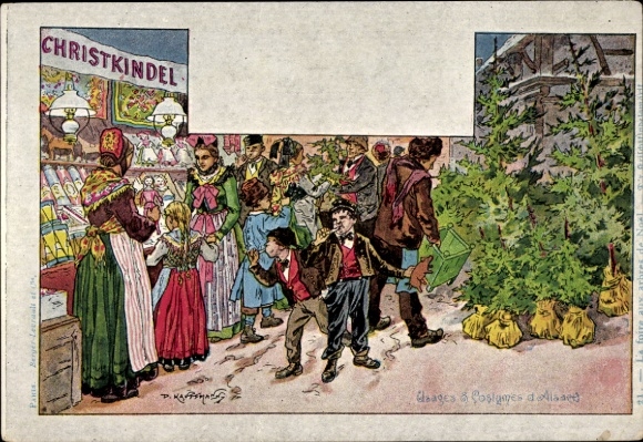 Artist Chromo-Litho Kauffmann, Alsatian customs and costumes, Christmas market, market stall