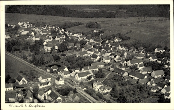 Postcard Schwendi in Upper Swabia, aerial view of Schwendi and Laupheim, variety of houses, rural