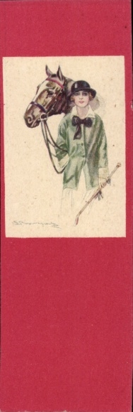 Artist Postcard Bompard, Sergio, Woman in Riding Costume, Horse, Whip
