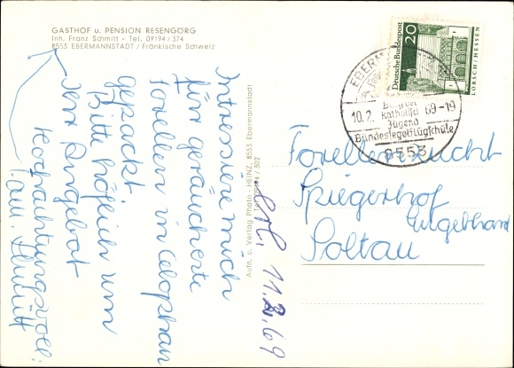 Postcard Ebermannstadt in Upper Franconia, inn and pension Refengörg, swimming pool, town view