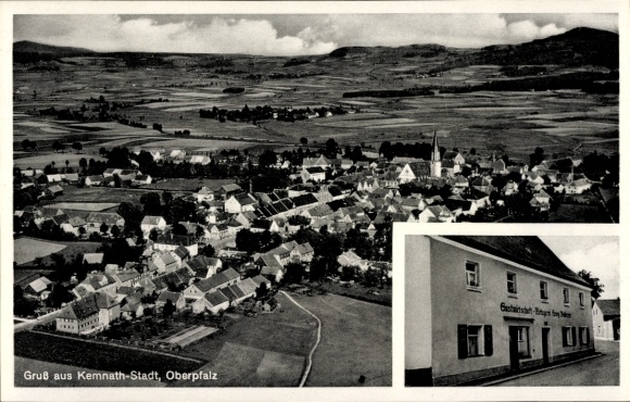 Postcard Kemnath in the district of Tirschenreuth Upper Palatinate, panorama from the bird's eye view, restaurant, butcher's shop
