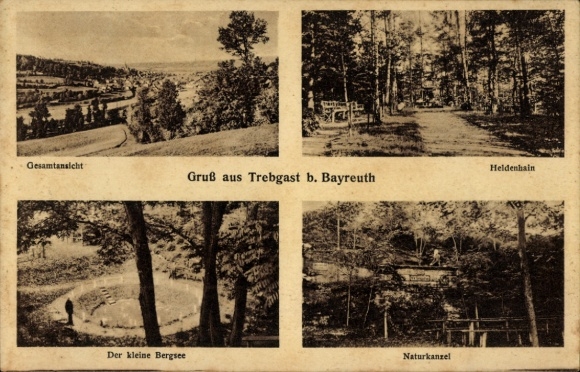 Ak Trebgast in Opper-Franken Beieren, algemeen uitzicht, Heldenhain, het kleine bergmeer, natuurlijke preekstoel