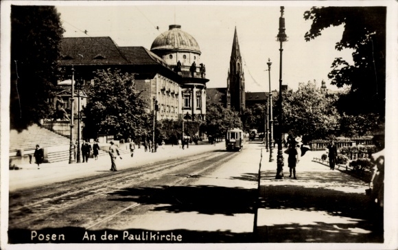 Postcard Poznań Posen, Paulikirche, tram