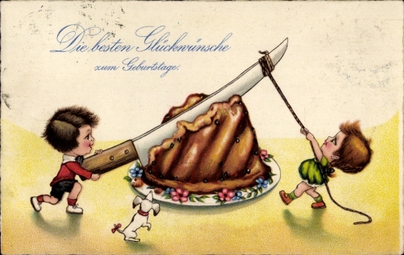 Postcard Birthday, Two children cutting a cake, Gugelhupf, knife, dog