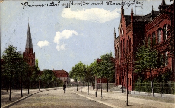 Postcard Peine in Lower Saxony, church tower, Burgstraße, secondary school