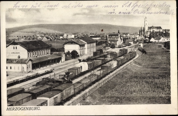 PC Herzogenburg in Niederösterreich, train station, track view with panorama of the place