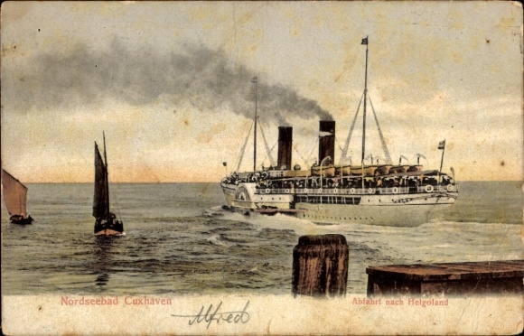 North Sea resort Cuxhaven, steamship, departure to Heligoland, North Sea resort sailing boat