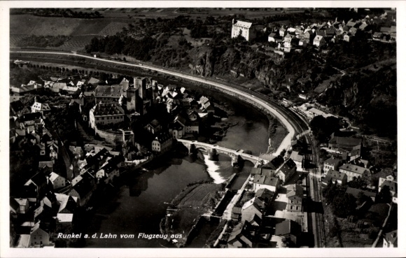Postcard Runkel an der Lahn, aerial view of Runkel, Lahn, houses, bridge, surroundings