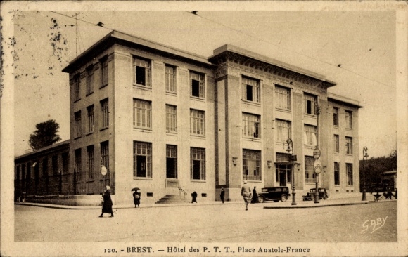 Postcard Brest Finistère, Hôtel des PTT, Place Anatole-France, building, street view