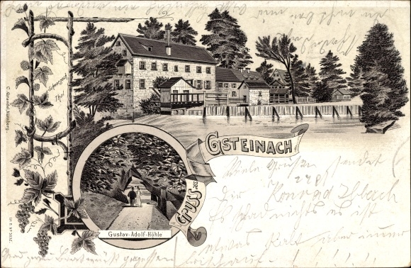 Litho Gsteinach Schwarzenbruck in Mittelfranken Bayern, Gustav Adolf Höhle, Blick auf die Ortschaft