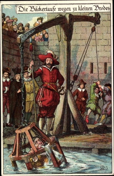 Artist Chromo-Litho Jodolfi, The baker&#39;s baptism because of too small bread, punishments in the Middle Ages