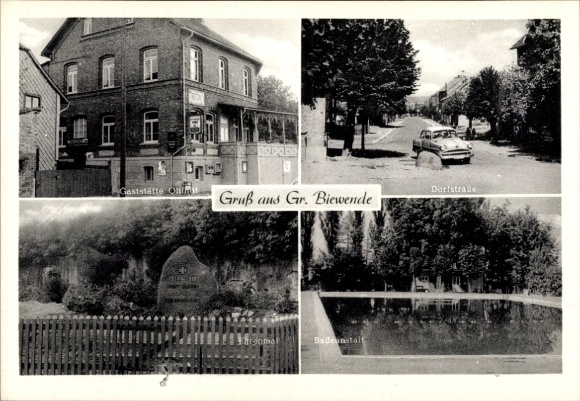 Postcard Groß Biewende Remlingen Semmenstedt in Lower Saxony, memorial, village street, restaurant