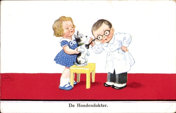 Artist Postcard Wills, John, Boy disguised as a doctor listening to a dog's chest