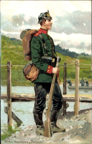 Kunstenaar litho Hoffmann, A., Duitse soldaat, jager, Regt. 7