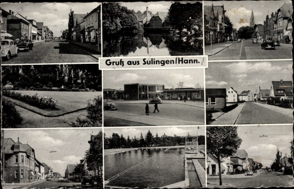 Postcard Sulingen in Lower Saxony, partial views, swimming pool, park, church tower