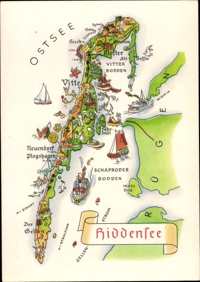 Landkarten Ak Insel Hiddensee Ostsee, Vitte, Neuendorf, Plogshagen, Neuendorf, Bodden, Kloster