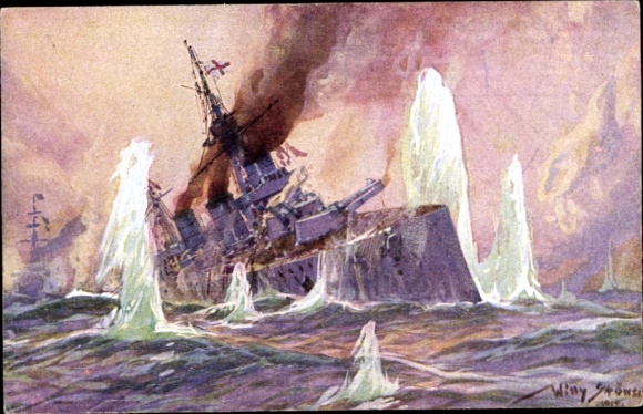 Artist Postcard Stöwer, Willy, Naval Battle in the North Sea, English Battlecruiser, 1915