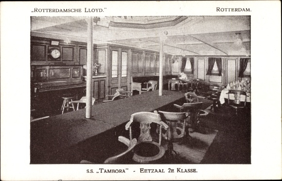 Ansichtkaart stoomboot SS Tambora, Rotterdamsche Lloyd, eetkamer 2e klas, binnenaanzicht