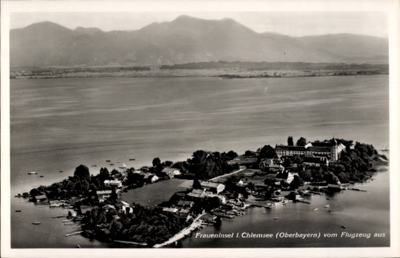 Postcard Frauenchiemsee Fraueninsel Chiemsee Upper Bavaria, aerial photograph