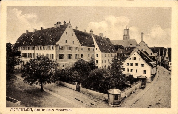 Postcard Memmingen in Swabia, historical buildings, trees, street, city view, Puggerei