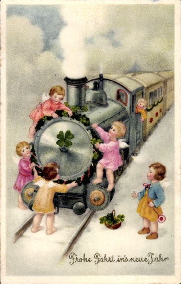 PC Happy New Year, steam locomotive, clover leaves, angel