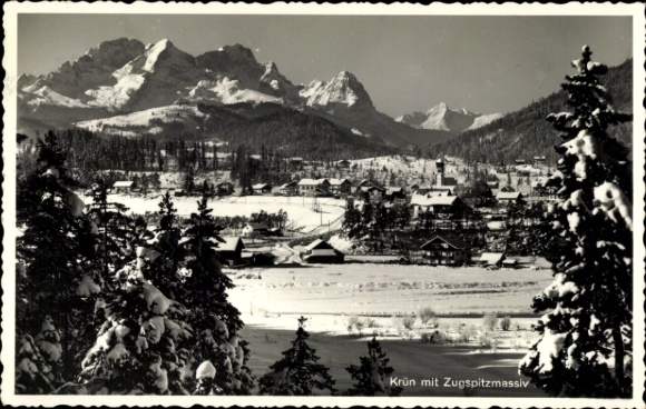Postcard Krün in Upper Bavaria, winter landscape, Zugspitze massif, snow-covered mountains, small town, nature