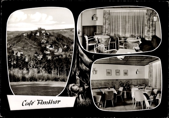 Postcard Trendelburg in Hesse, Cafe Amthor, landscape with castle, interiors with tables and chairs