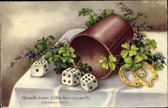 Postcard Happy New Year, cloverleaf, dice