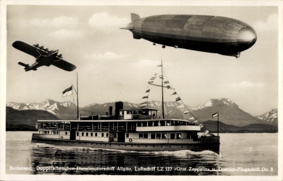 KP Bodensee, dwuślimakowy statek motorowy z silnikiem wysokoprężnym Allgäu, sterowiec LZ 127 Graf Zeppelin, Dornier Do X