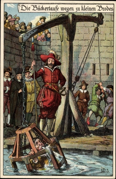 Artist Chromo-Litho Jodolfi, The baker&#39;s baptism because of too small bread, punishments in the Middle Ages
