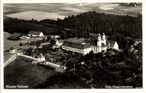 Postcard Allmannshofen, view of the monastery Holzen, aerial photograph