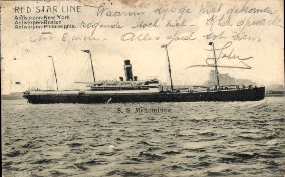 Postcard Steamer SS Menominee, steamship, Red Star Line