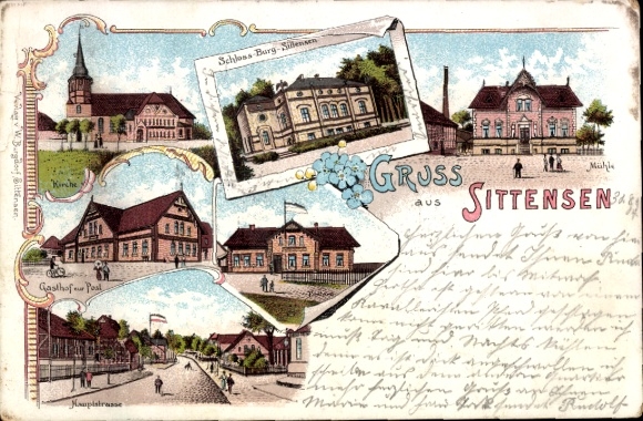 litho Sittensen in Nedersaksen, Gasthof zur Post, molen, postkantoor, hoofdstraat, Burg