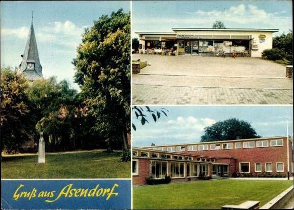 Postcard Asendorf in der Nordheide, department store, school, church tower