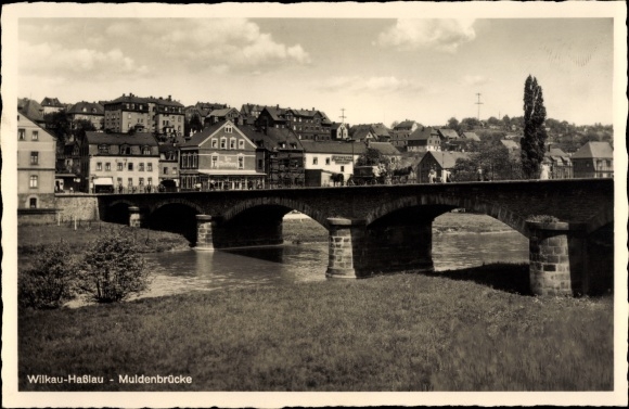 Postcard Wilkau Haßlau in Saxony, view of the town, Mulden Bridge