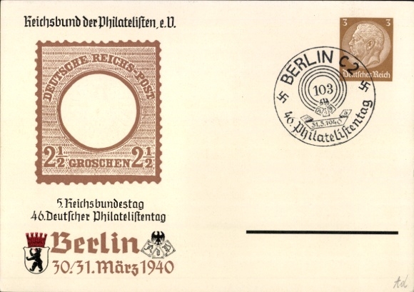 Postwaardekaart Berlijn, Reichsvereniging van Filatelisten 30.-31. Maart 1940