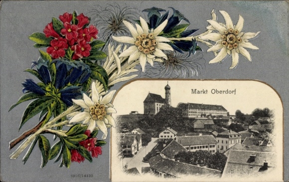 Embossed Passepartout Postcard Markt Oberdorf Marktoberdorf Allgäu, partial view, gentian, edelweiss