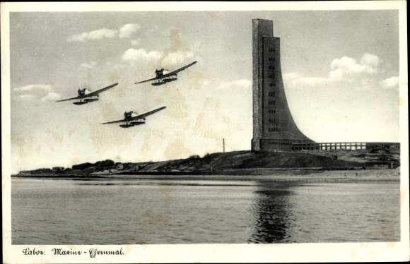 Postcard Ostseebad Laboe, Navy memorial, seaplanes
