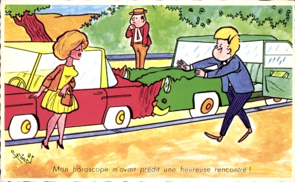 Artist Postcard traffic accident, man calms a woman, car accident