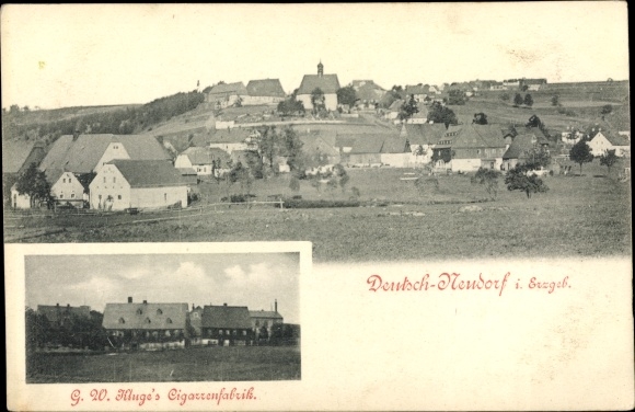 Ansichtkaart Deutschneudorf in het Ertsgebergte, sigarenfabriek van GW Kluge, overzicht
